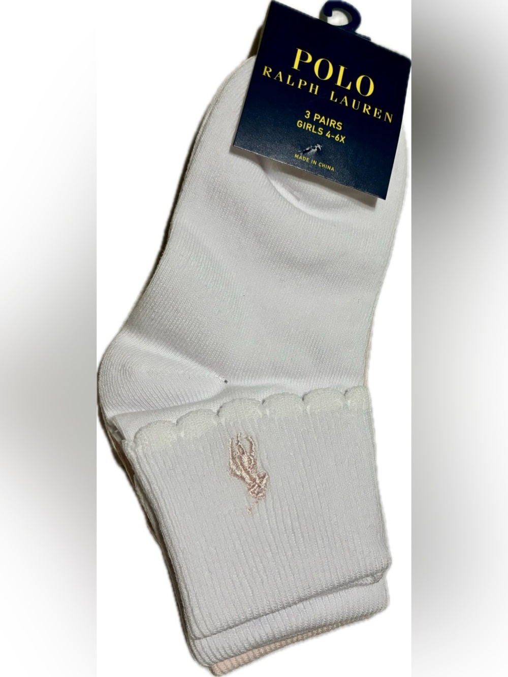 Polo Ralph Lauren Girl’s White Ankle Socks with Embroidered Logo 4-6x